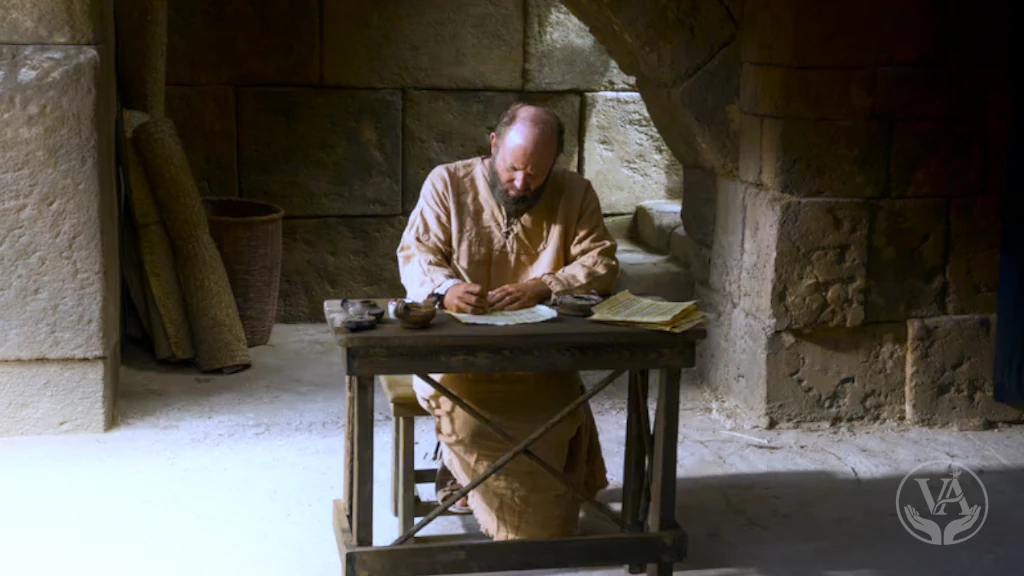 Representação do Apóstolo Paulo escrevendo sobre a justificação pela fé na Carta aos Gálatas.