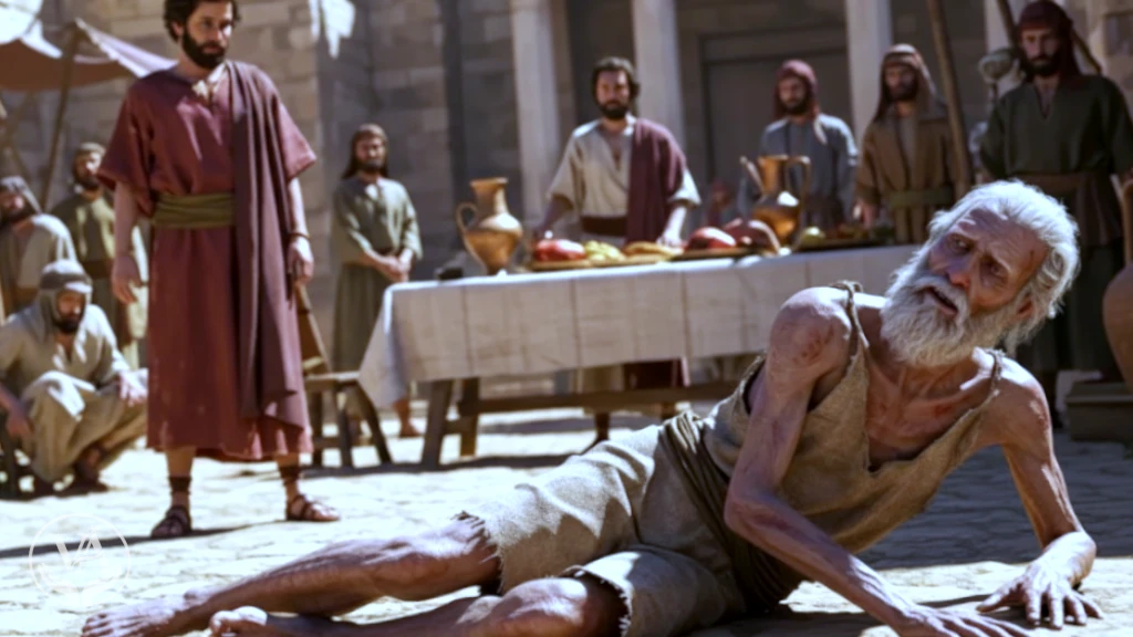 Representação realista da parábola bíblica do Rico e Lázaro, mostrando o contraste entre a opulência e a pobreza no antigo Oriente Médio