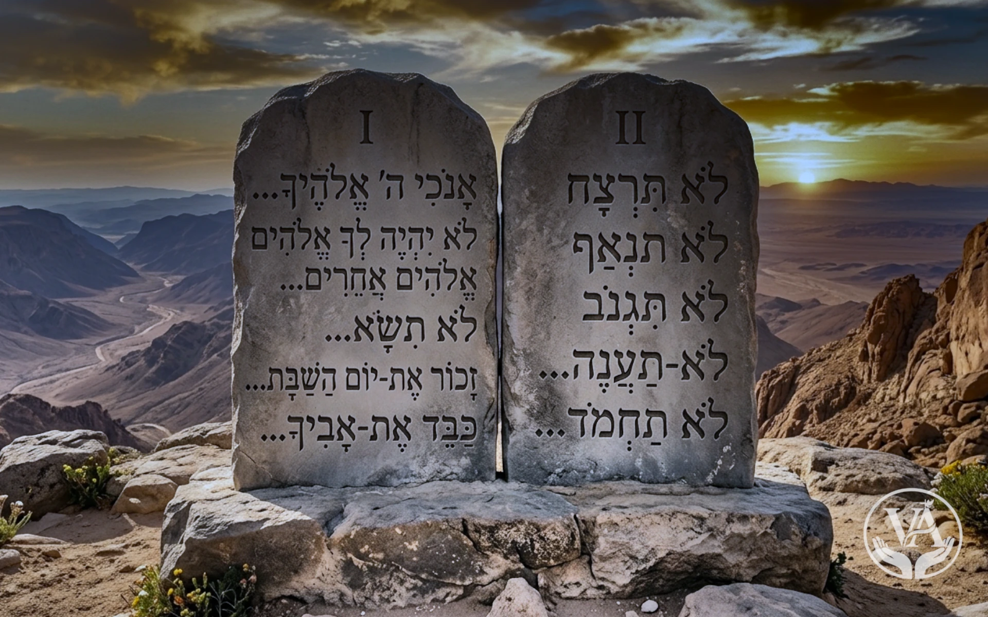 Duas tábuas de pedra com os Dez Mandamentos esculpidos em letras hebraicas antigas, posicionadas no topo de uma montanha desértica durante o pôr do sol