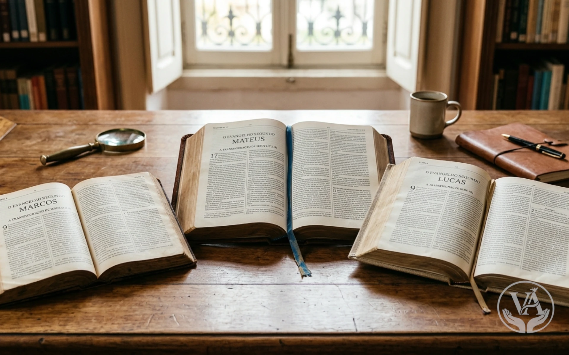 Três Bíblias abertas lado a lado em uma mesa de madeira, mostrando os títulos em português dos Evangelhos Sinóticos: Marcos, Mateus e Lucas. A central está aberta em Mateus, com a de Marcos à esquerda e Lucas à direita. Ao fundo, uma janela e prateleiras de livros.