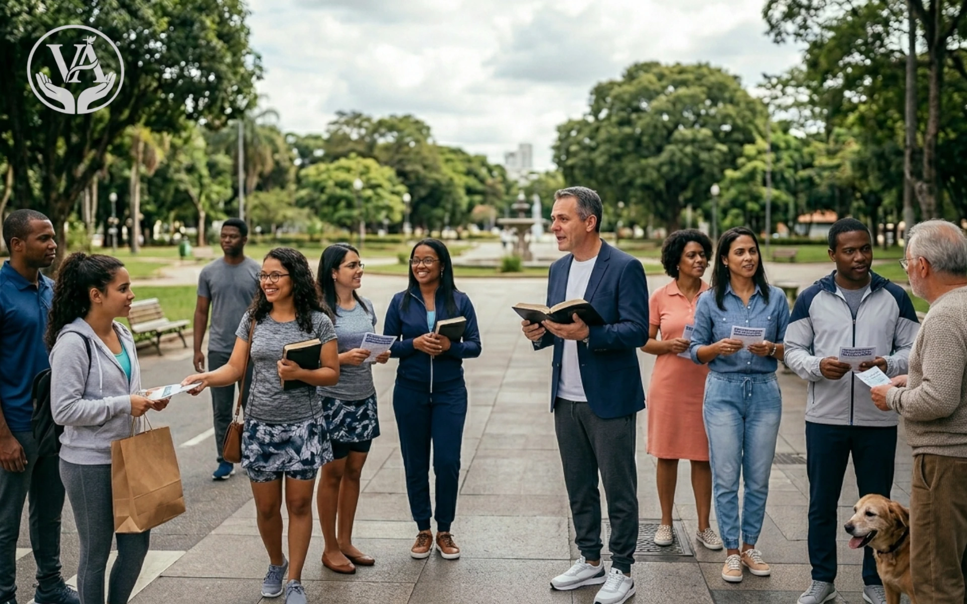 Grupo de homens e mulheres evangelistas com trajes casuais e esportivos conversando e entregando folhetos para pedestres em uma praça pública arborizada, compartilhando a palavra de Deus