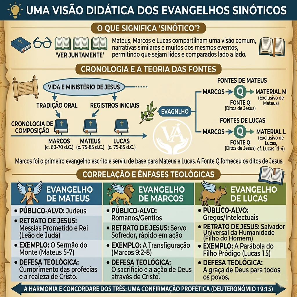 Infográfico didático em formato quadrado para Instagram sobre os Evangelhos Sinóticos (Mateus, Marcos e Lucas). O design simula um pergaminho antigo e explica o significado do termo 'sinótico', a cronologia de composição com a prioridade de Marcos e a Fonte Q, além de uma tabela comparativa detalhando o público-alvo, o retrato de Jesus e a defesa teológica de cada um dos três evangelhos.