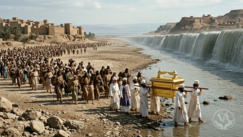 Assim que os sacerdotes que carregavam a arca da aliança chegaram ao Jordão e seus pés tocaram as águas, a correnteza que descia parou de correr e formou uma muralha a grande distância, perto de uma cidade chamada Adã, nas proximidades de Zaretã; e as águas que desciam para o mar da Arabá, o mar Salgado, escoaram totalmente. E assim o povo atravessou o rio em frente de Jericó.