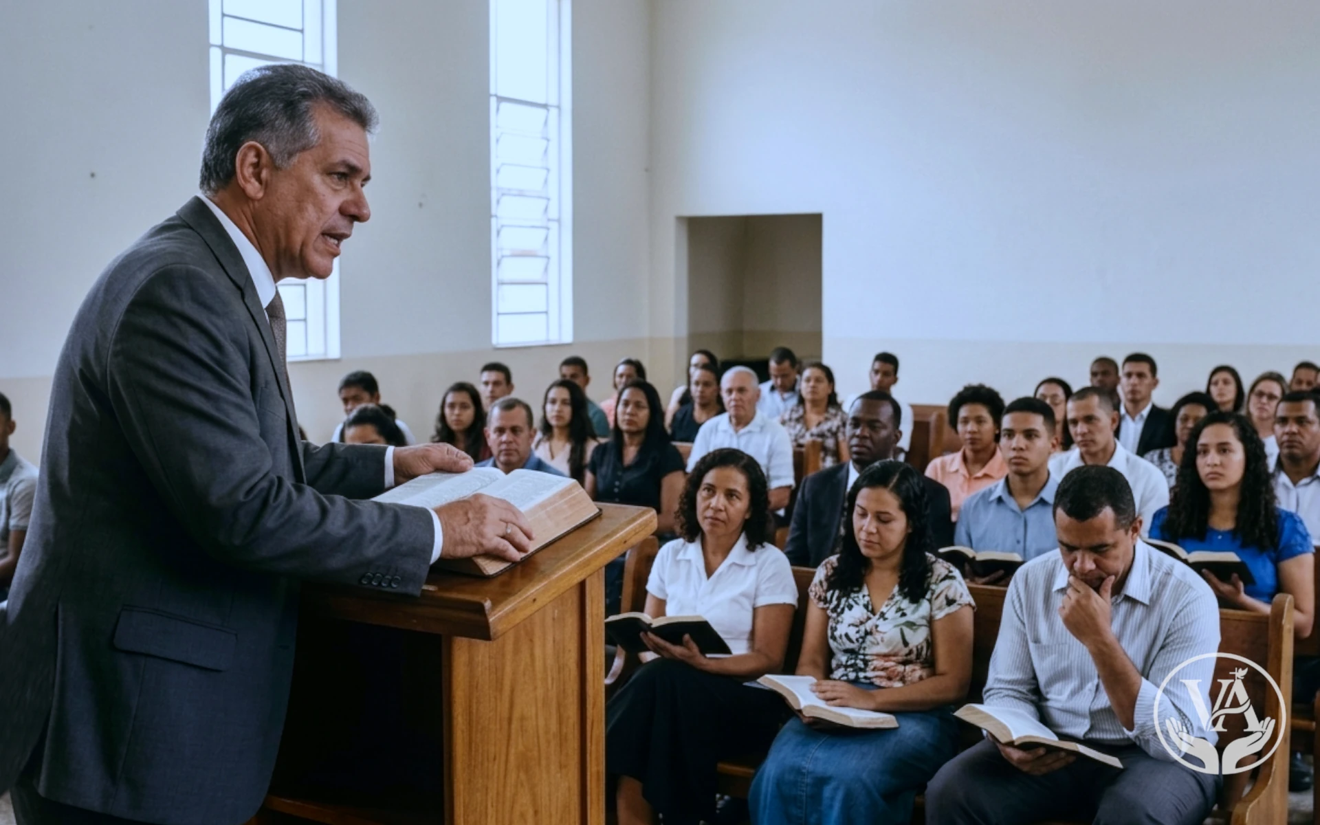 Homem de terno cinza discursando em um púlpito de madeira com um livro aberto, enquanto uma plateia diversificada sentada em bancos acompanha atentamente. Ambiente interno iluminado com janelas ao fundo