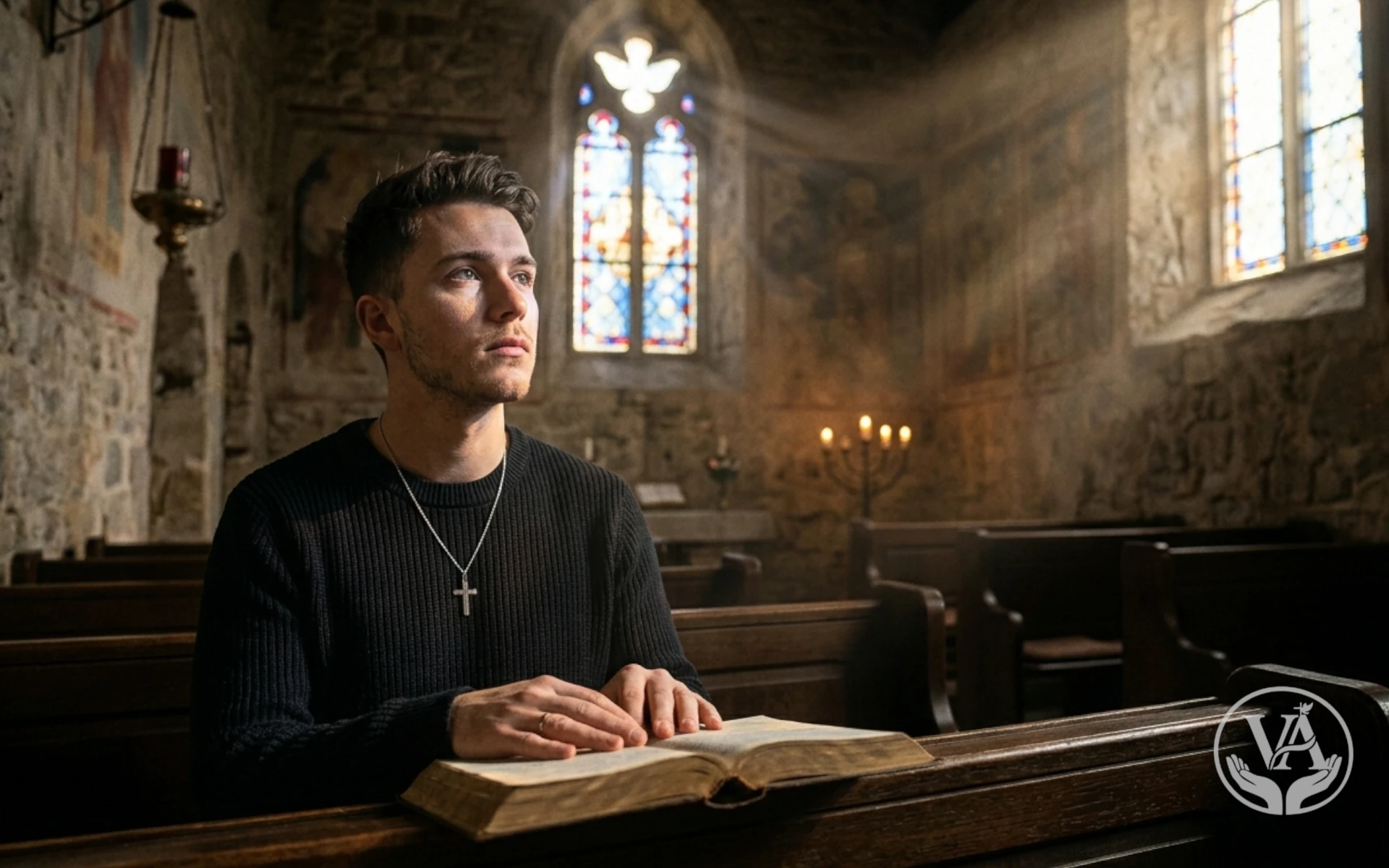 Homem sentado no banco de uma igreja antiga com uma Bíblia aberta, olhando para o alto iluminada por um feixe de luz que entra pelo vitral, simbolizando a busca por perdão e a presença do Espírito Santo