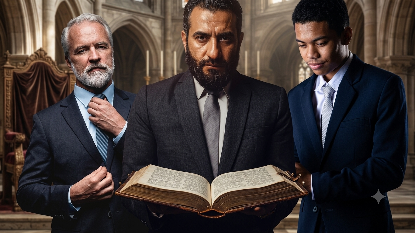 Uma imagem fotográfica aprimorada de três líderes religiosos e empresariais modernos em ternos perfeitamente ajustados, segurando uma grande Bíblia de capa dura aberta, contra um fundo de auditório de igreja moderno com iluminação dramática. O homem central tem uma barba escura, enquanto o mais velho à esquerda tem uma barba branca e ajusta o terno. Esta imagem simboliza o conceito moderno dos 'Nicolaítas' e a influência clerical.
