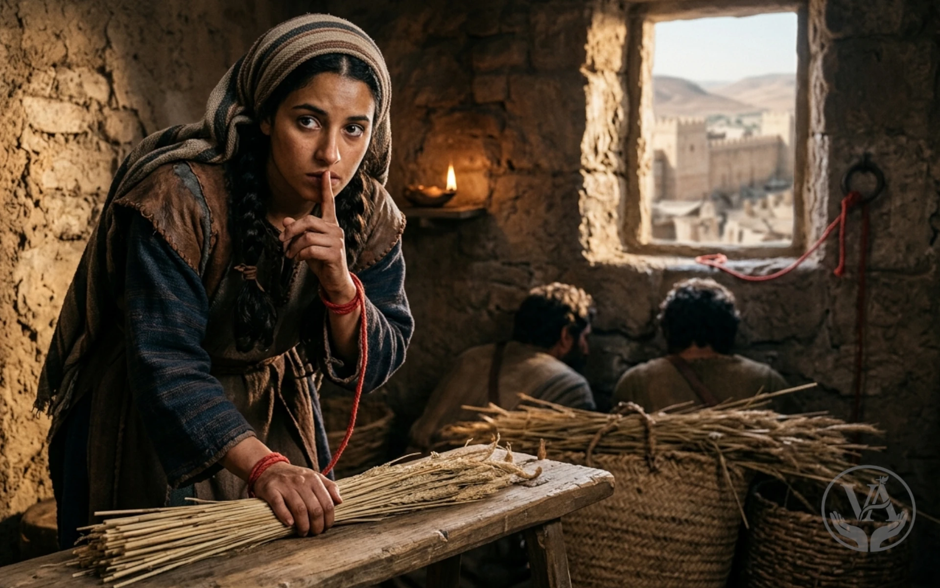 Esta imagem retrata o momento crucial em que Raabe, a mulher cananeia de Jericó, esconde os dois espias enviados por Josué. Com uma expressão de alerta e suspense, ela faz o sinal de silêncio enquanto protege os homens, parcialmente visíveis ao fundo, sob feixes de linho seco. A cena se passa dentro de sua casa na muralha da cidade de Jericó, iluminada pela luz que entra por uma janela que revela a fortificação inimiga. O cordão de escarlate, sinal de sua fé e acordo para a salvação de sua família, está pendurado na parede de pedra. Esta descrição é ideal para conteúdo sobre fé, coragem e o relato de Josué 2.