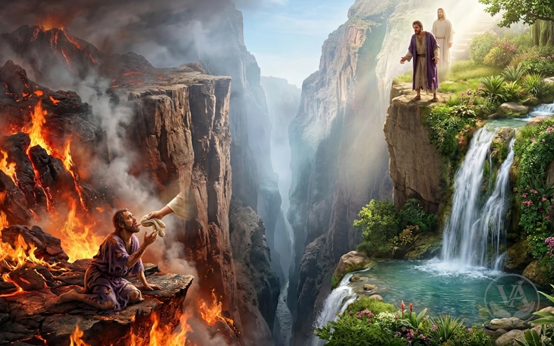 Esta imagem é uma representação artística e realista da parábola bíblica "O Rico e Lázaro" (relatada no Evangelho de Lucas). A composição é dividida de forma dramática por um abismo profundo e nebuloso, simbolizando a separação eterna entre o sofrimento e o paraíso.