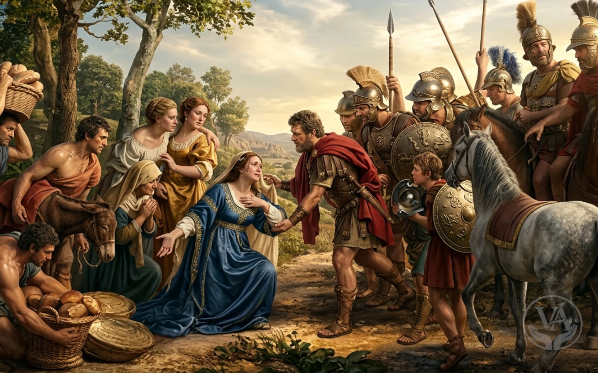 Releitura realista do encontro bíblico entre Abigail e Davi, mostrando Abigail ajoelhada oferecendo pães e o rei Davi com capa vermelha e soldados armados.