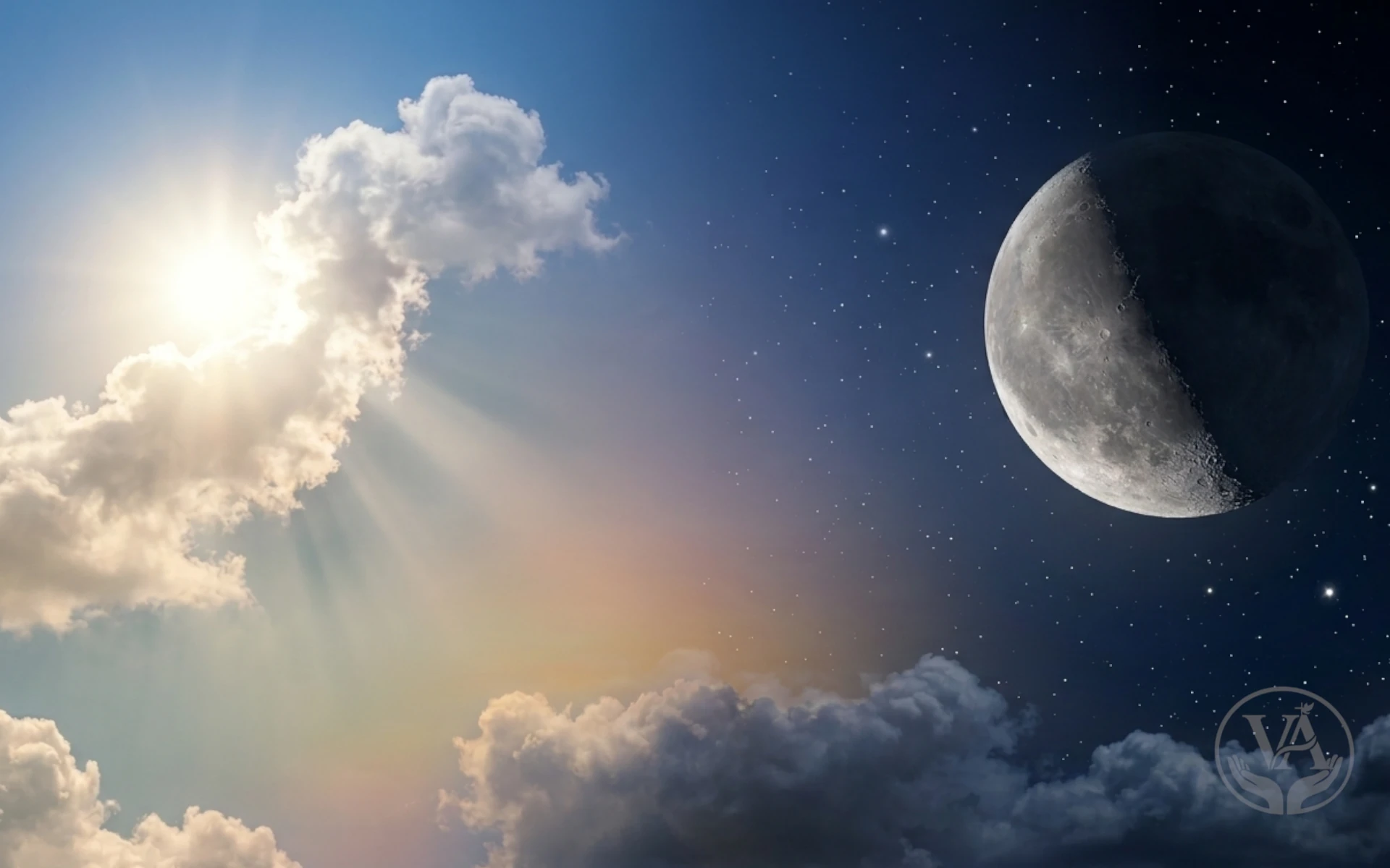 Imagem realista mostrando a transição suave entre o dia e a noite. Do lado esquerdo, o sol brilha intensamente entre nuvens brancas em um céu azul, emitindo raios de luz. No centro, as cores se fundem suavemente. Do lado direito, surge um céu noturno estrelado com uma lua crescente detalhada e realista acima de nuvens escuras.
