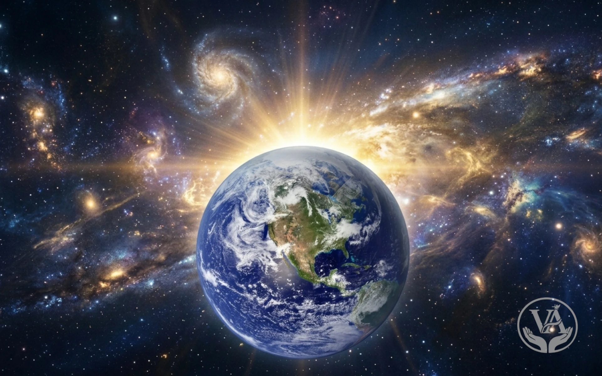 Ilustração realista e majestosa da criação do universo. No centro, o planeta Terra aparece em destaque absoluto e proporção harmoniosa, exibindo os continentes e oceanos em azul e verde sob nuvens brancas. Logo atrás da Terra, uma luz divina e brilhante em tons de dourado explode como um amanhecer cósmico, iluminando galáxias espirais, nebulosas coloridas e a imensidão do espaço estrelado ao fundo.
