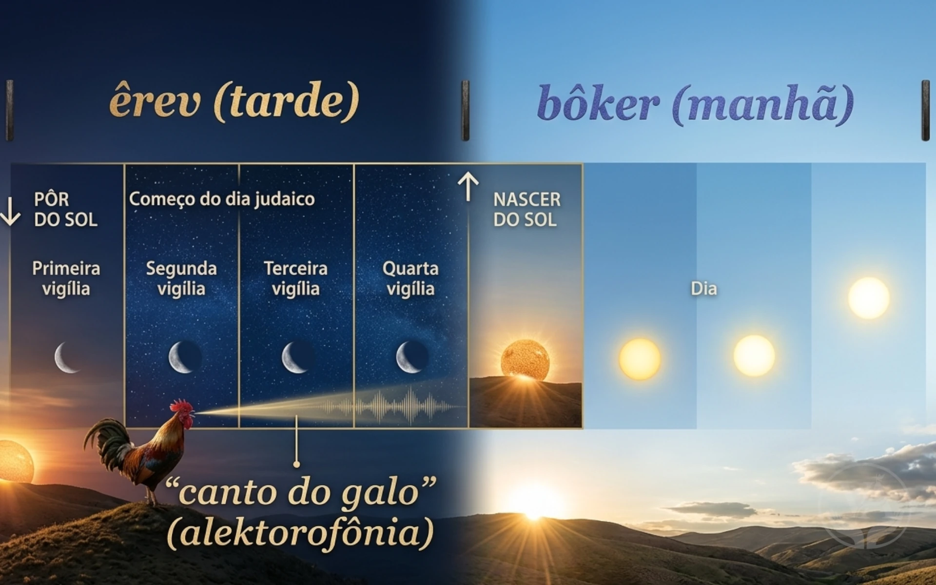 Infográfico cronológico ilustrando como os judeus dividiam o tempo na época do Novo Testamento. À esquerda, o período de Êrev (tarde/noite) iniciado no pôr do sol e dividido nas quatro vigílias romanas — com destaque para a terceira vigília, o canto do galo (alektorofônia). À direita, o período de Bôker (manhã/dia), mostrando o nascer do sol e a progressão das horas diurnas.
