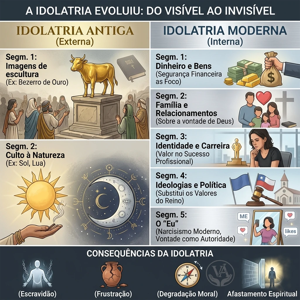 Infográfico intitulado 'A Idolatria Evoluiu: Do Visível ao Invisível'. À esquerda, a Idolatria Antiga (Externa) com imagens de escultura como o Bezerro de Ouro e o culto à natureza (Sol e Lua). À direita, a Idolatria Moderna (Interna) dividida em 5 segmentos: Dinheiro e Bens, Família e Relacionamentos, Identidade e Carreira, Ideologias e Política, e O 'Eu' (Narcisismo). Na parte inferior, destaca as Consequências da Idolatria: Escravidão, Frustração, Degradação Moral e Afastamento Espiritual."
