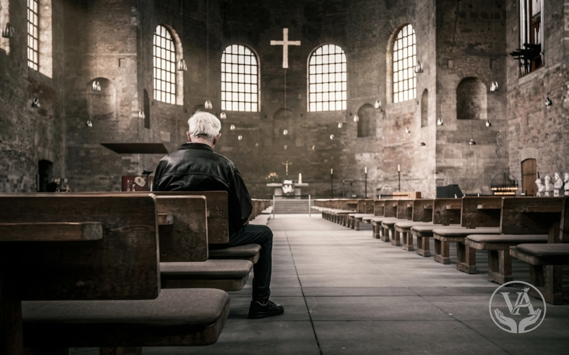 Esta imagem evoca um sentimento de solidão e reflexão, mostrando um homem de meia-idade sentado sozinho em um banco de igreja vazio. A luz do sol penetra suavemente pelas janelas arqueadas, iluminando o interior do templo e destacando a vastidão do espaço. O homem está vestido de preto e tem a cabeça baixa, transmitindo uma sensação de introversão e contemplação. A imagem pode ser usada para ilustrar artigos sobre solidão, fé, busca de significado e a importância da comunidade.