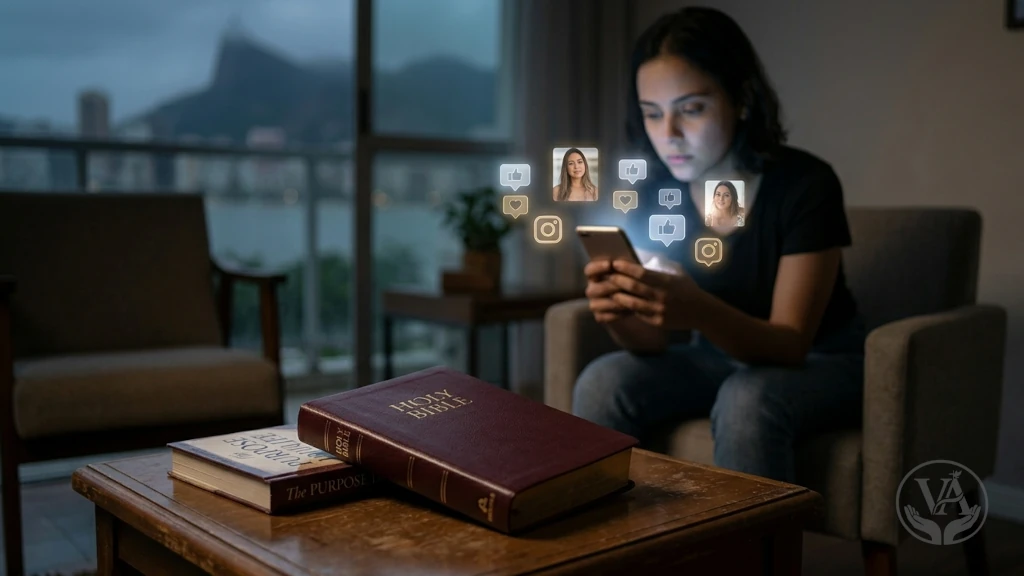 Na imagem, vemos a Bíblia em primeiro plano, mas a atenção do personagem está totalmente voltada para o celular, de onde emanam símbolos que representam os ídolos do nosso tempo: dinheiro, sucesso, vaidade e aprovação nas redes sociais. É uma representação visual clara da substituição de Deus por falsas fontes de segurança e propósito.