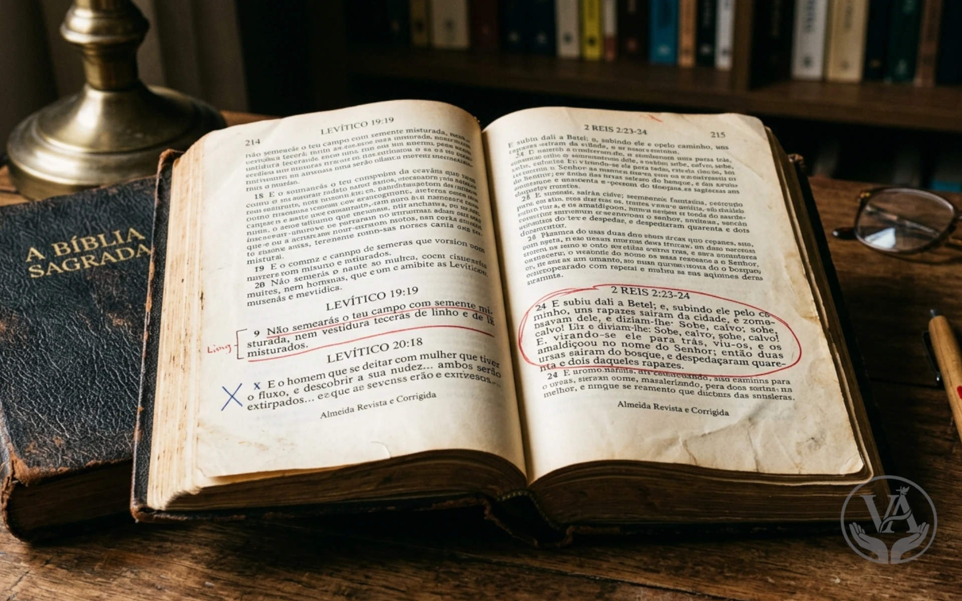Uma foto autêntica e rústica de uma Bíblia Sagrada antiga aberta em uma mesa de madeira envelhecida. O livro, com capa de couro marrom desgastado e detalhes em dourado, exibe passagens bíblicas em português, especificamente de Levítico e 2 Reis, destacadas com anotações e marcações a caneta. O ambiente é acolhedor e sugere estudo e reflexão, com uma luminária de latão vintage ao fundo e óculos de leitura antigos pousados na mesa ao lado. Outros livros e uma caneta de madeira completam a cena. Esta imagem evoca a história e a tradição da fé cristã, perfeita para uso em sites religiosos, blogs teológicos e materiais de estudo bíblico.