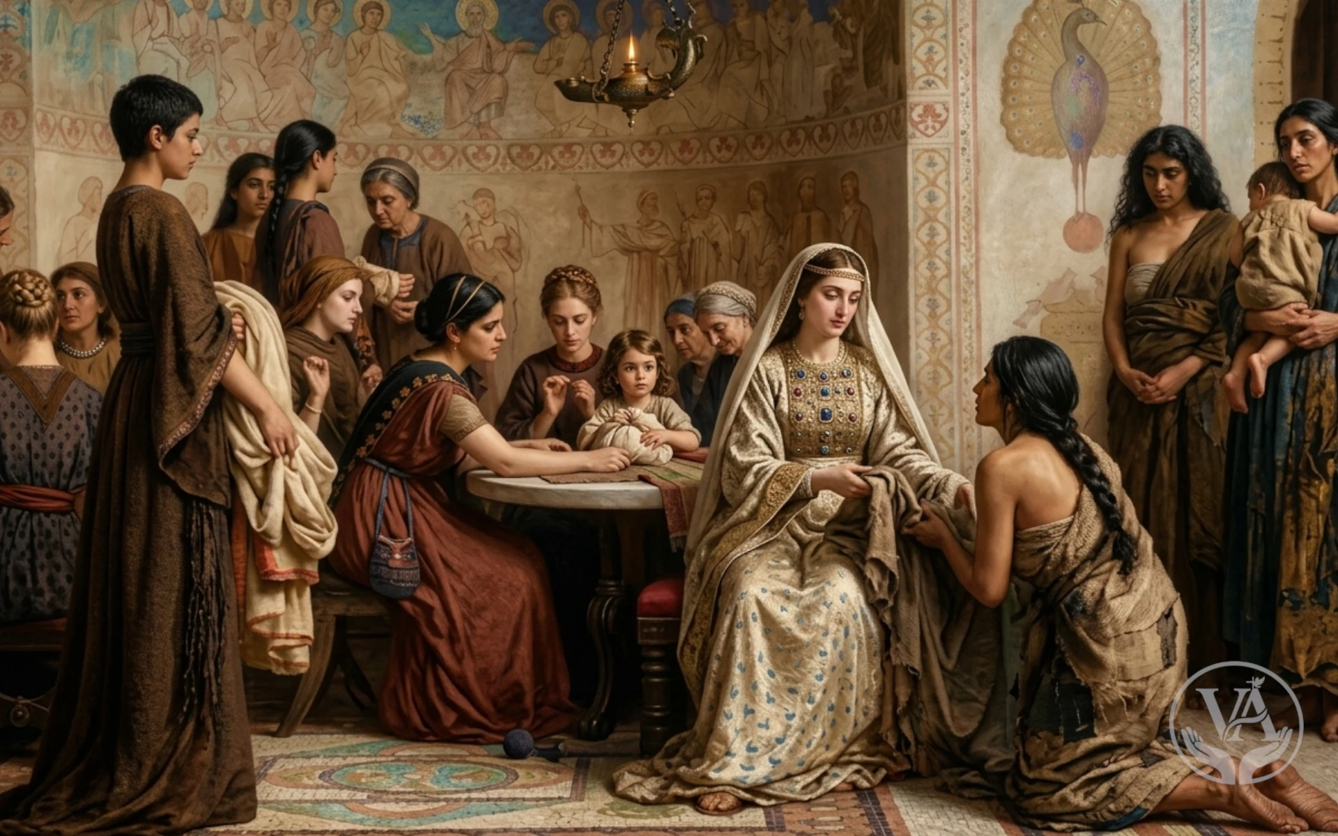 Esta imagem é uma representação artística e realista do momento em que Dorcas (Tabita), uma figura central no livro de Atos dos Apóstolos (capítulo 9), está reunida com mulheres viúvas e pobres, compartilhando túnicas e roupas que ela mesma confeccionou com amor e dedicação. A cena evoca os versículos que a descrevem como uma mulher "cheia de boas obras e esmolas que fazia".