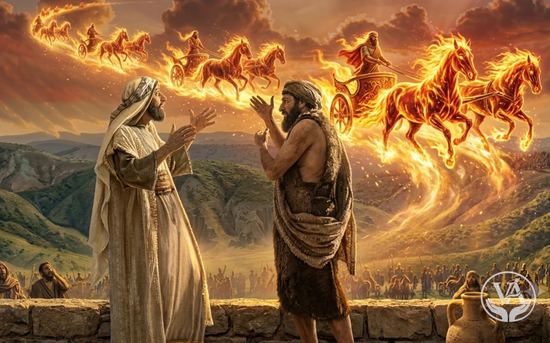 Pintura realista de Eliseu e Geazi observando um exército de carruagens e cavalos de fogo nos céus, baseado na passagem bíblica de 2 Reis 6.