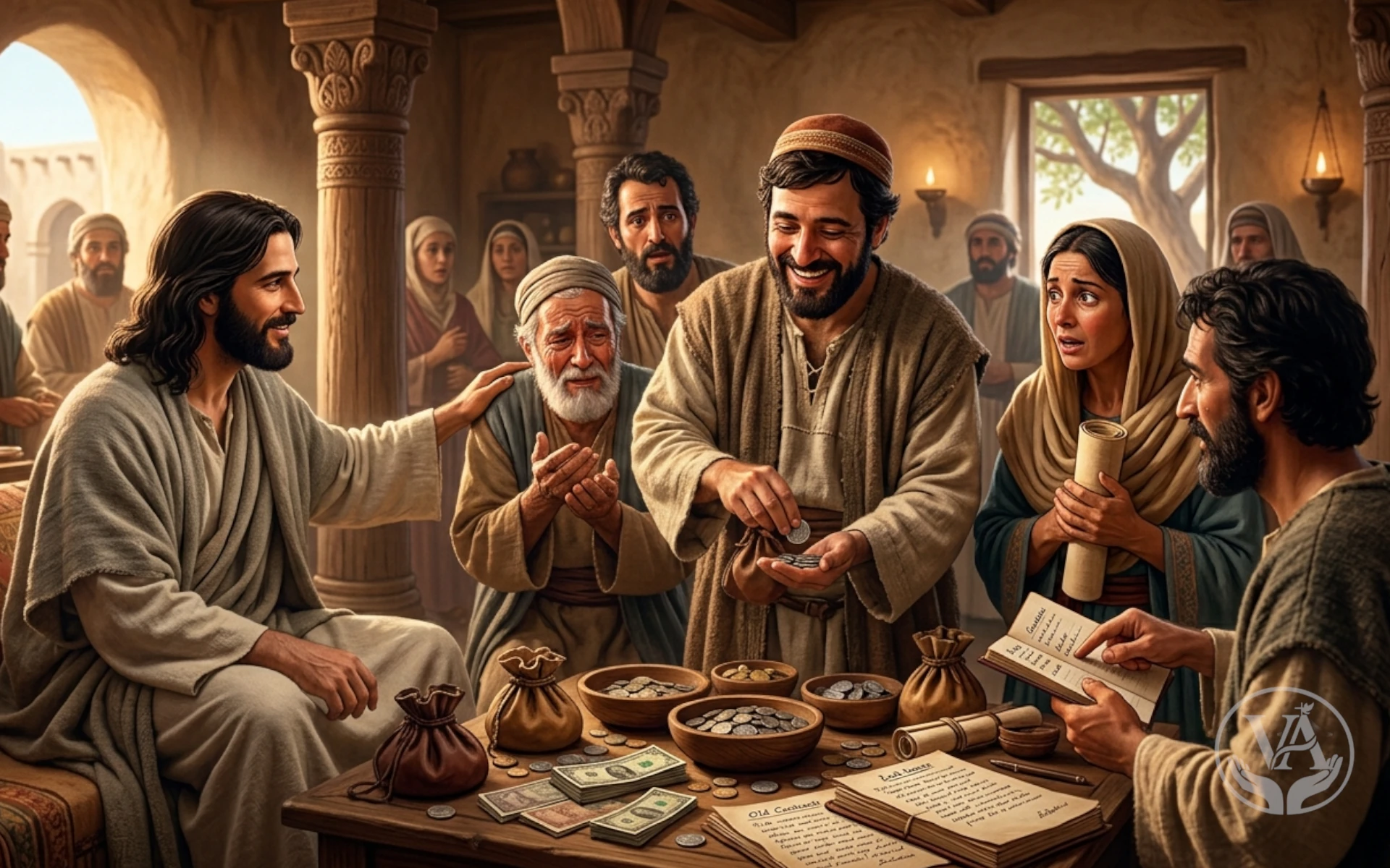 Uma pintura bíblica realista retratando Jesus Cristo sentado e sorrindo ao observar Zaqueu (chefe dos cobradores de impostos) restituindo dinheiro a um idoso necessitado. Zaqueu está centralizado, entregando moedas de um saco sobre uma mesa cheia de moedas e documentos. Ao redor deles, outras pessoas da época observam a cena com curiosidade e espanto. A ambientação é uma sala rústica de pedra com iluminação quente de luminárias a óleo, transmitindo uma atmosfera de paz, redenção e generosidade.