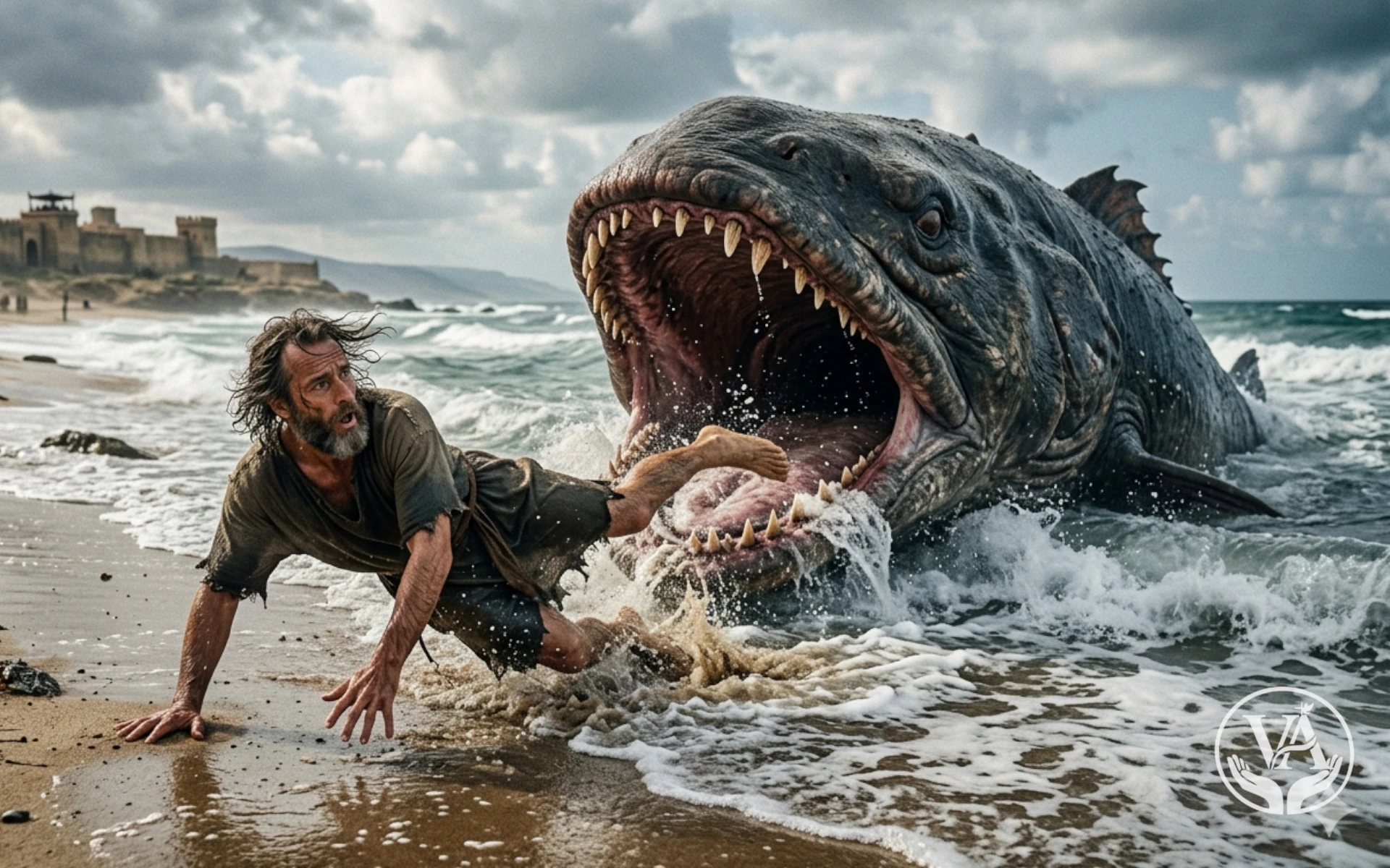 A dramática libertação de Jonas: Uma imagem poderosa e detalhada do profeta sendo libertado pelo grande peixe em uma praia da antiga Nínive. Uma representação fiel e impactante do relato bíblico para ilustrar sua reflexão sobre obediência e graça divina. Clique para ver e refletir.