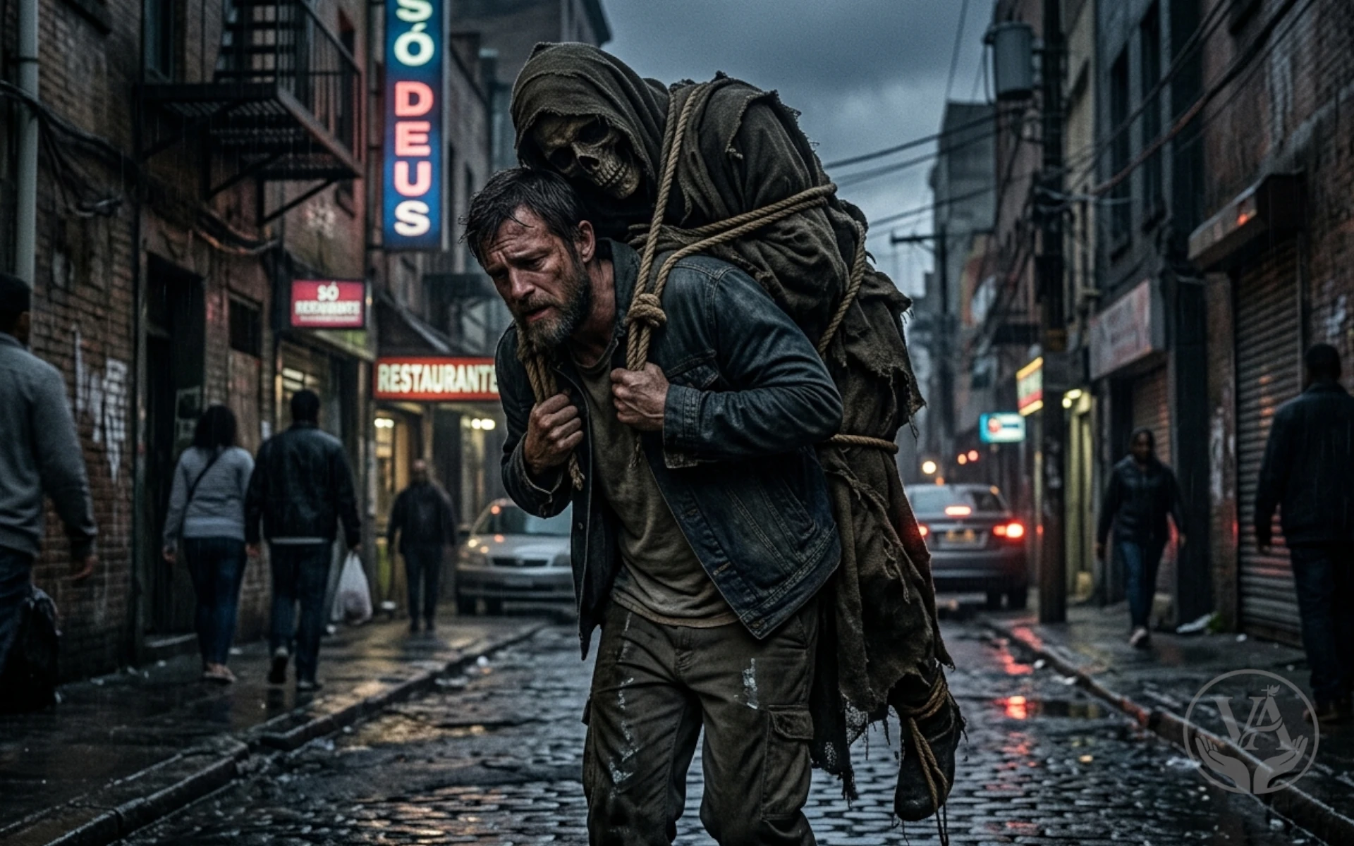 Imagem conceitual em estilo cinematográfico mostrando um homem exausto em uma rua urbana chuvosa, carregando um esqueleto encapuzado e amarrado às suas costas, ilustrando a luta de Romanos 7 contra o pecado. Ao fundo, um letreiro de neon exibe "SÓ DEUS".